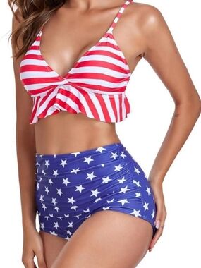 Red & White Stripe Ruffle Top with Blue Star High-Waist Bottoms 2 Pcs Swimsuit